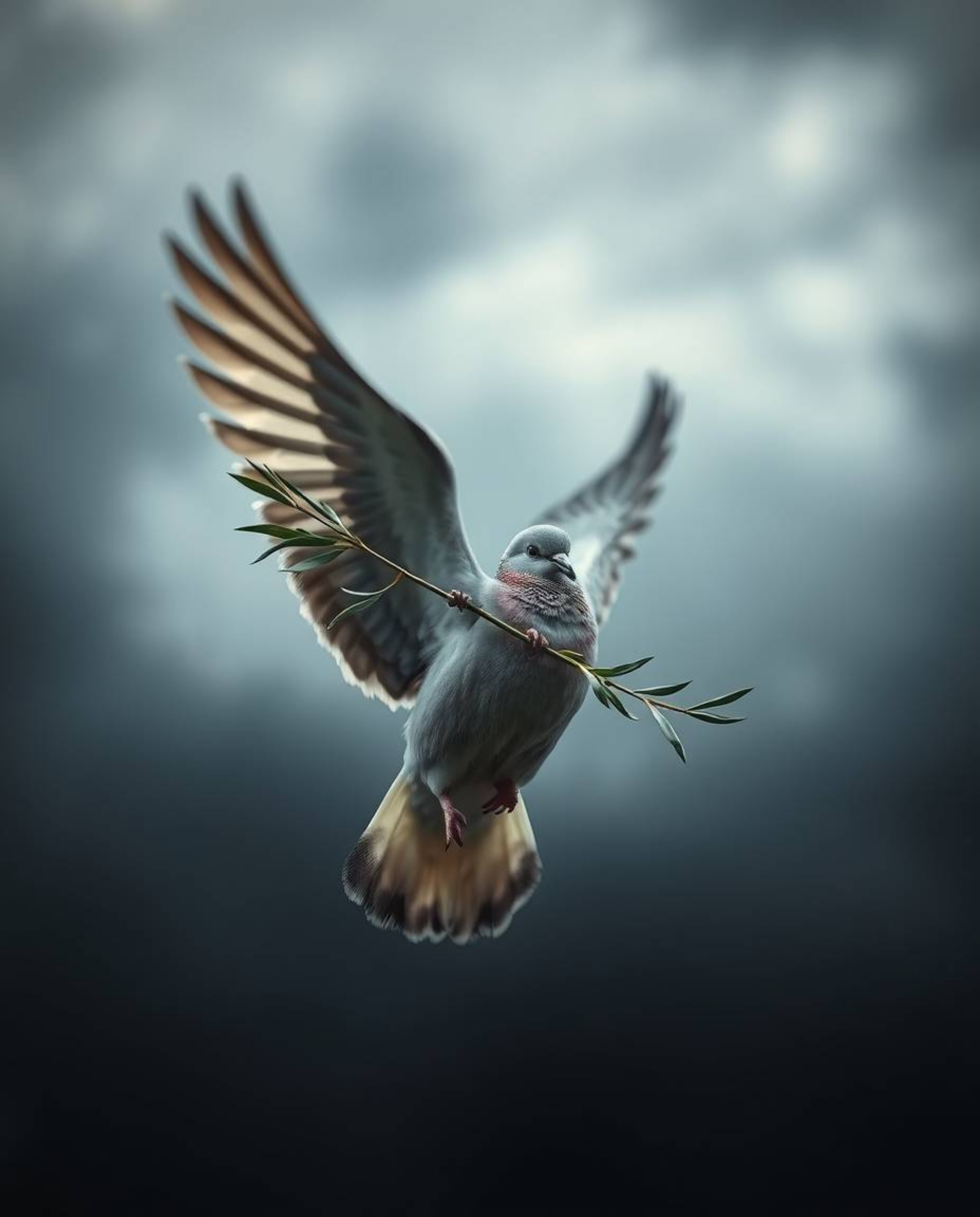 A captivating fine art photograph depicts a dove carrying an olive branch amidst a dramatic stormy sky.  The image utilizes a