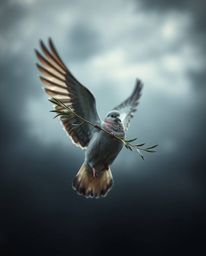 A captivating fine art photograph depicts a dove carrying an olive branch amidst a dramatic stormy sky.  The image utilizes a