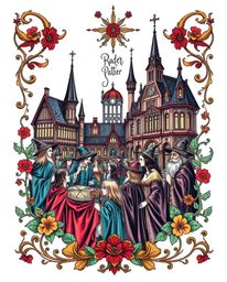 This vibrant and elegant tattoo art print depicts a magical school teeming with young wizards.  The piece showcases a retro f