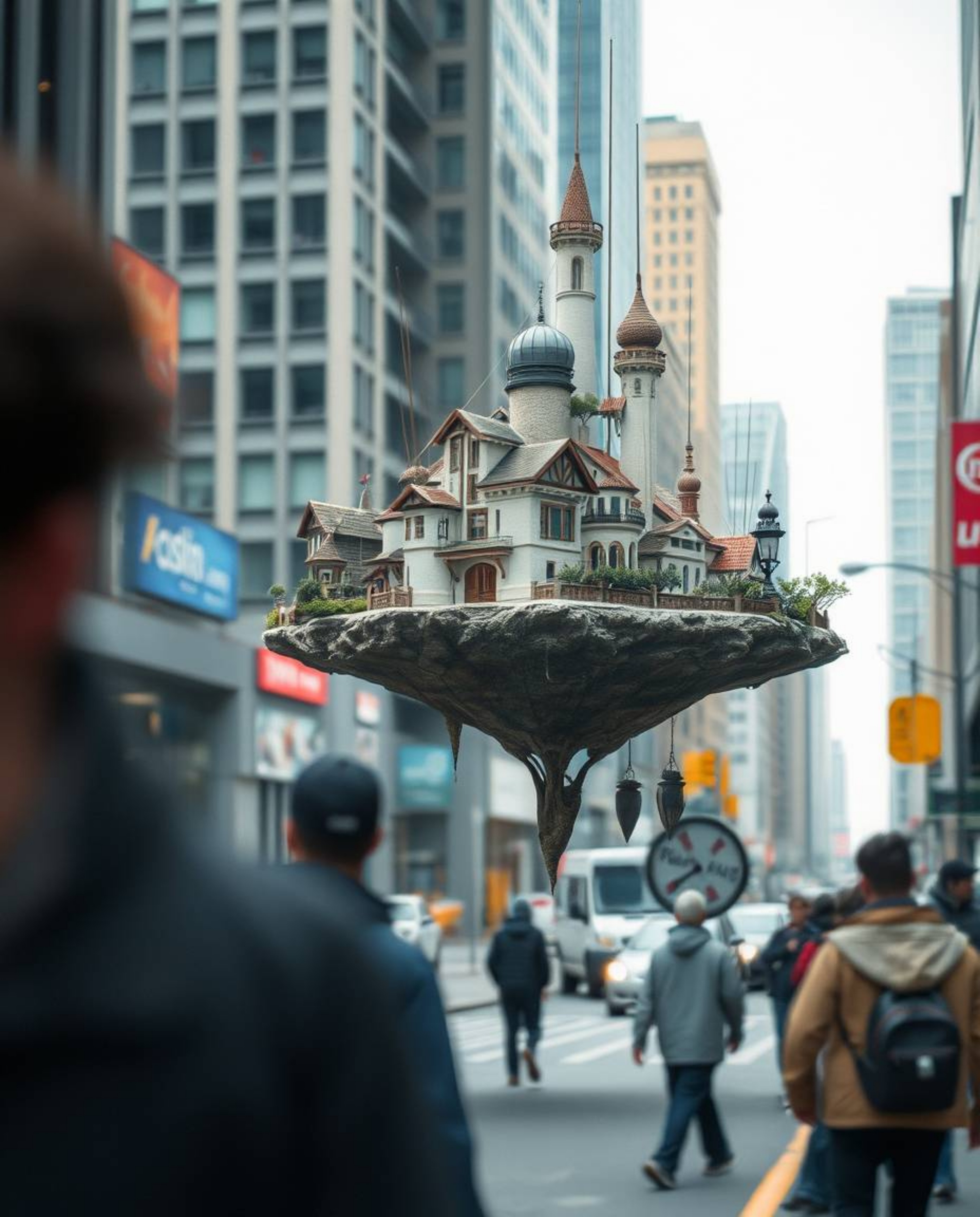 A candid street photography image capturing the spontaneous moments around a surreal floating island. Strange architecture is