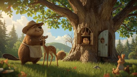A highly detailed, high-resolution stock photo depicts a heartwarming scene reminiscent of a Pixar animation. A busy beaver,