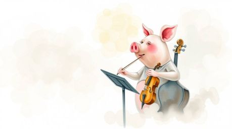 This delicate watercolor painting depicts a charming pig character enthusiastically conducting an orchestra amidst a thick, e