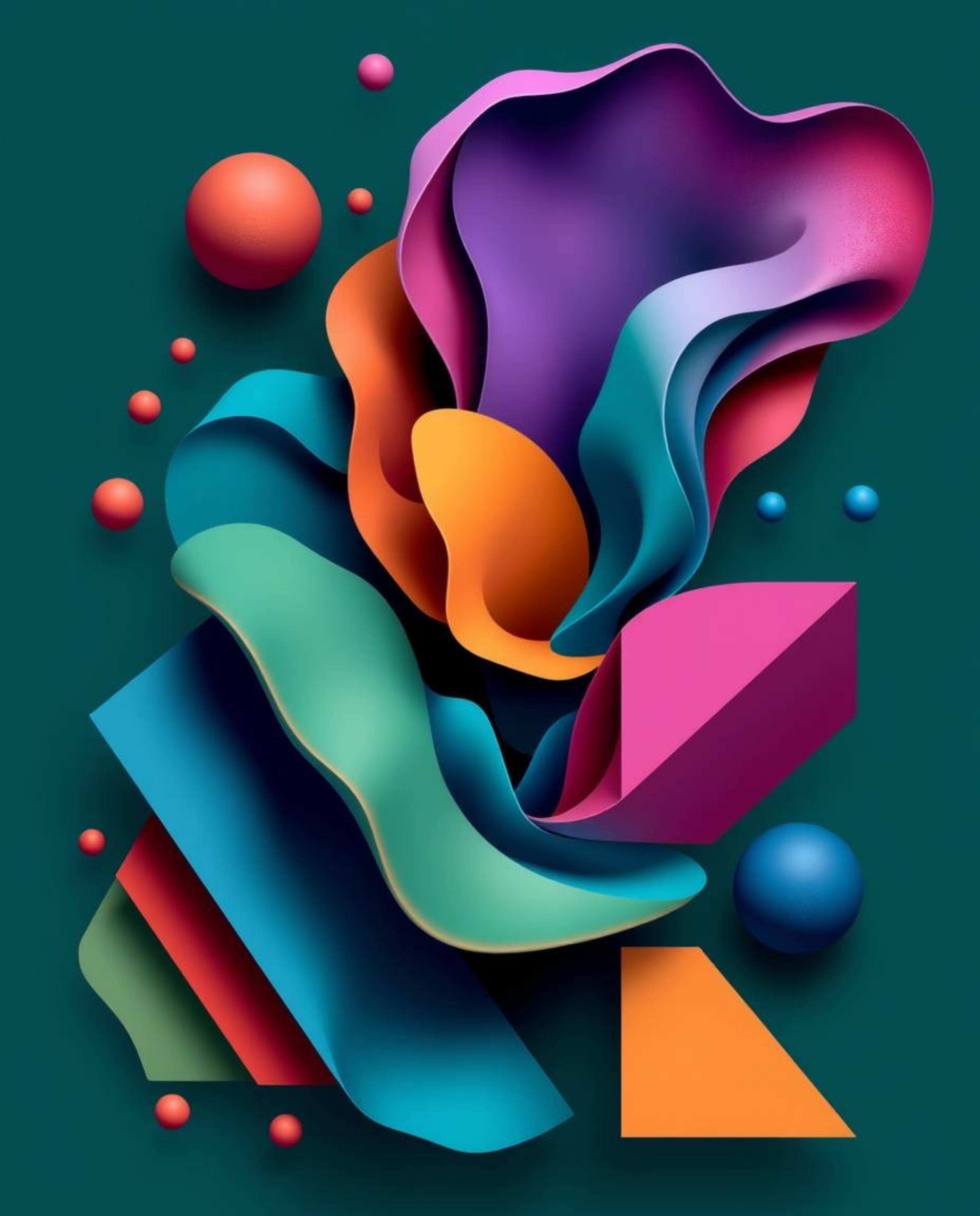 This abstract composition showcases a vibrant interplay of colorful 3D fluid shapes and geometric forms, rendered in a rich, 