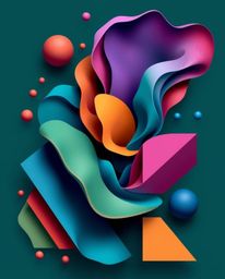 This abstract composition showcases a vibrant interplay of colorful 3D fluid shapes and geometric forms, rendered in a rich, 
