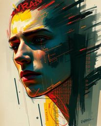 A captivating digital painting showcases a human face morphing into a vibrant data stream amidst a digital glitch.  The artwo
