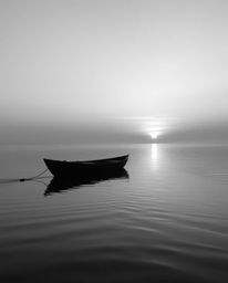 A classic black and white photograph captures a boat serenely drifting on a lake at sunset. The monochromatic palette conveys