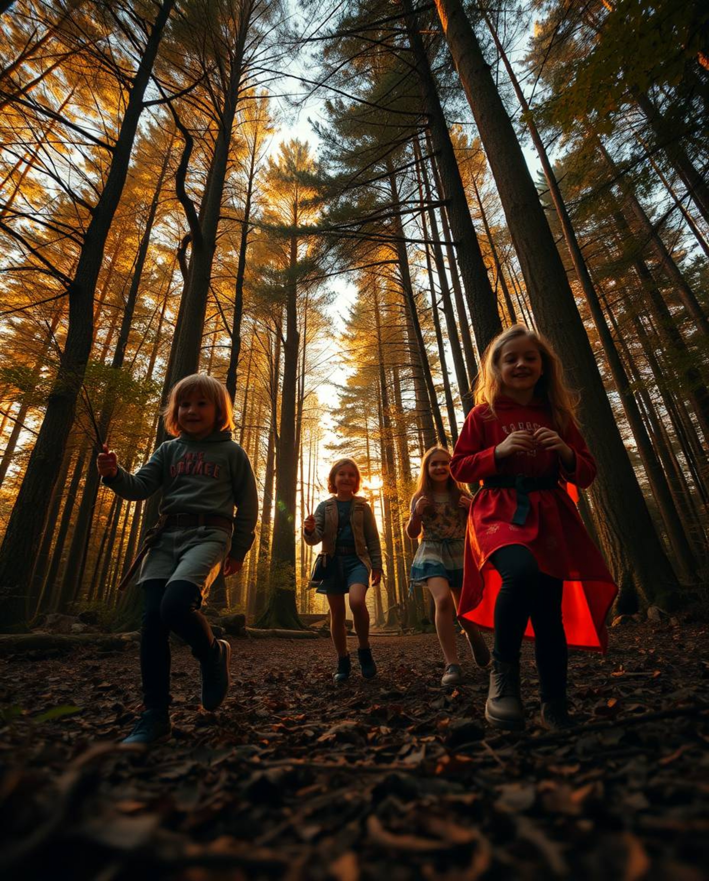 Explore a captivating autumn forest with friends possessing unique powers, bathed in the warm glow of golden hour light. This