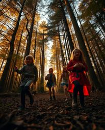 Explore a captivating autumn forest with friends possessing unique powers, bathed in the warm glow of golden hour light. This
