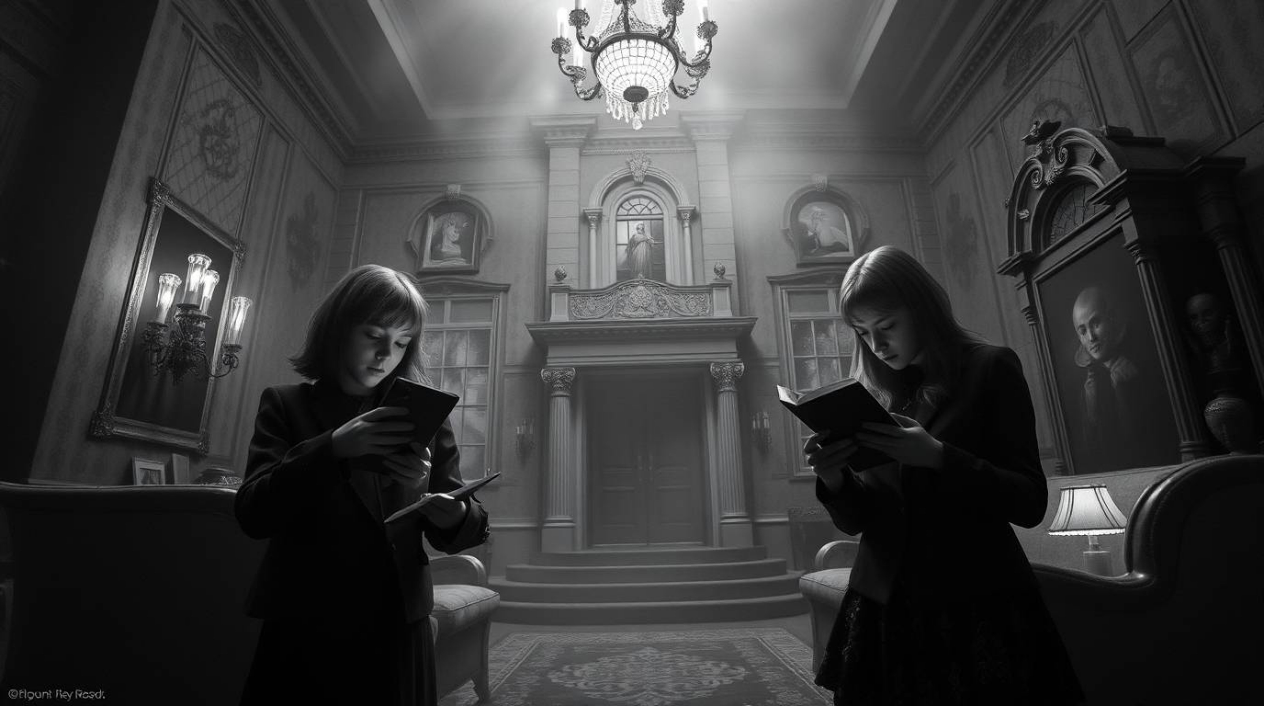 A captivating blend of classic black and white photography and surreal imagery depicts a group of teenagers unraveling myster