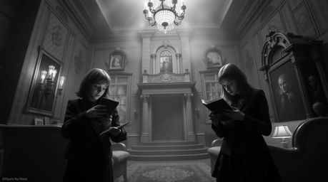A captivating blend of classic black and white photography and surreal imagery depicts a group of teenagers unraveling myster