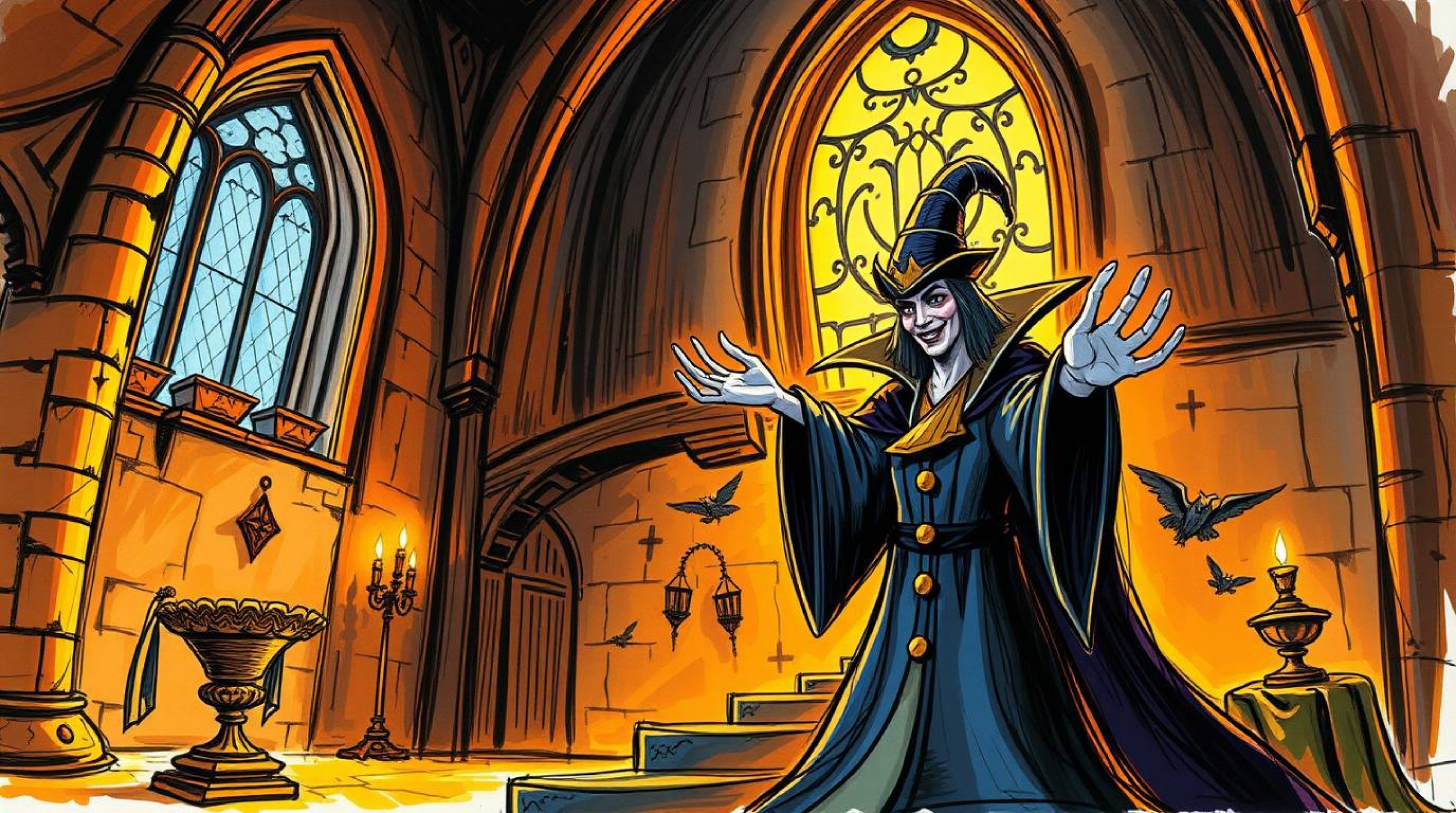 A captivating hand-drawn sketchnote depicts a classic Disney villain casting a spell within the walls of an ancient castle.