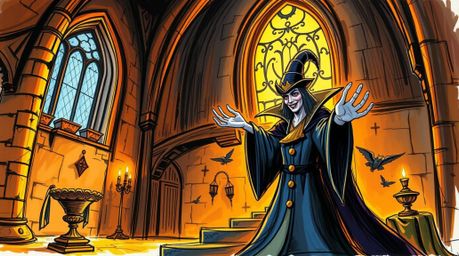 A captivating hand-drawn sketchnote depicts a classic Disney villain casting a spell within the walls of an ancient castle.