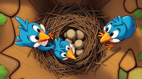 A vibrant, high-resolution overhead shot depicts two cartoon birds meticulously constructing a nest in a classic animation st