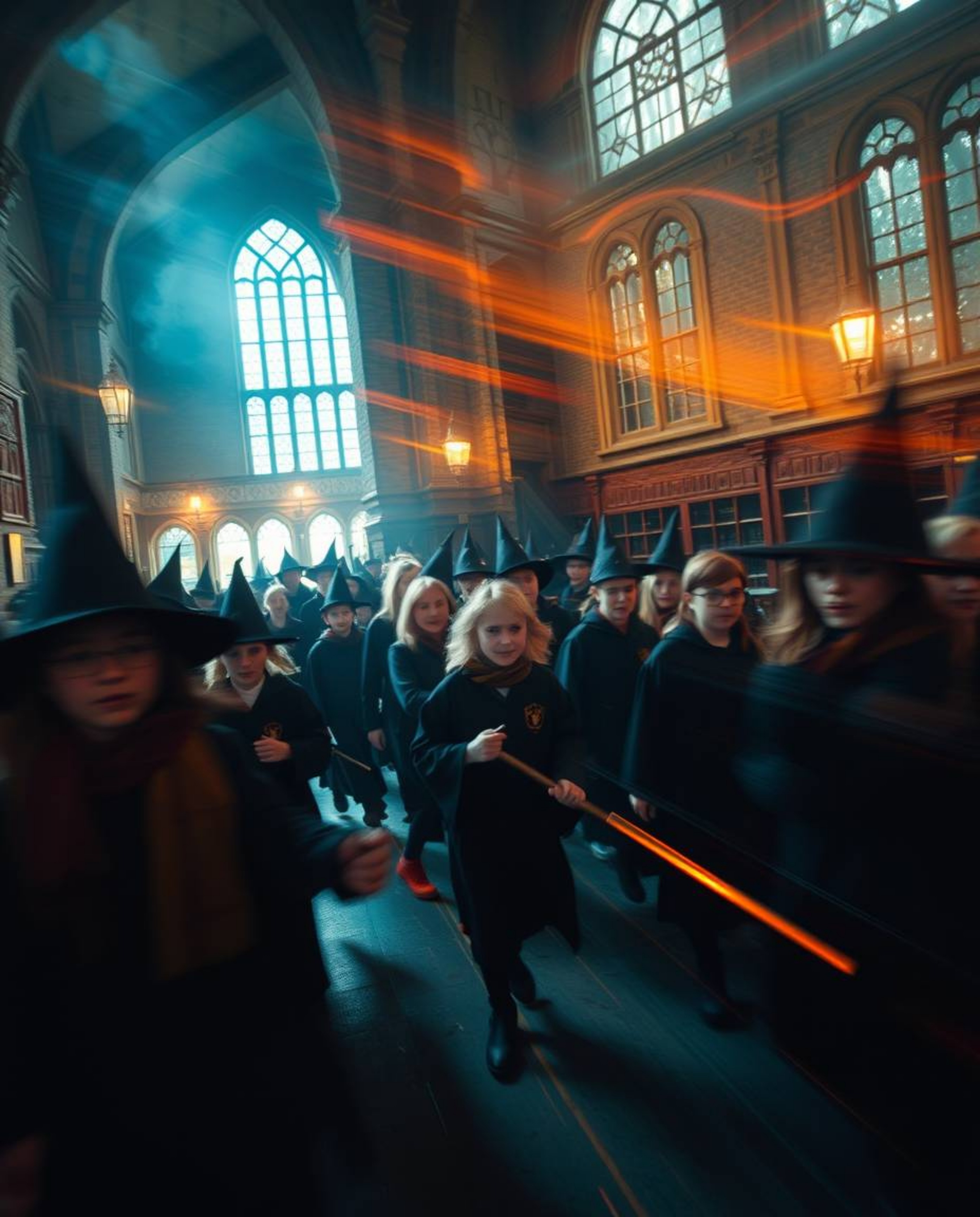A captivating long exposure photograph depicts a magical school brimming with young wizards.  The image boasts a film-like co