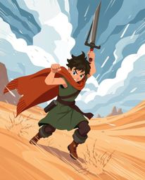 Explore a thrilling desert adventure with a brave, Disney-style hero depicted in a dynamic and modern flat design. This artwo