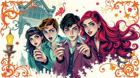 A vibrant retro-style print showcases a group of charming teens solving mysteries within a haunted mansion. The artwork featu
