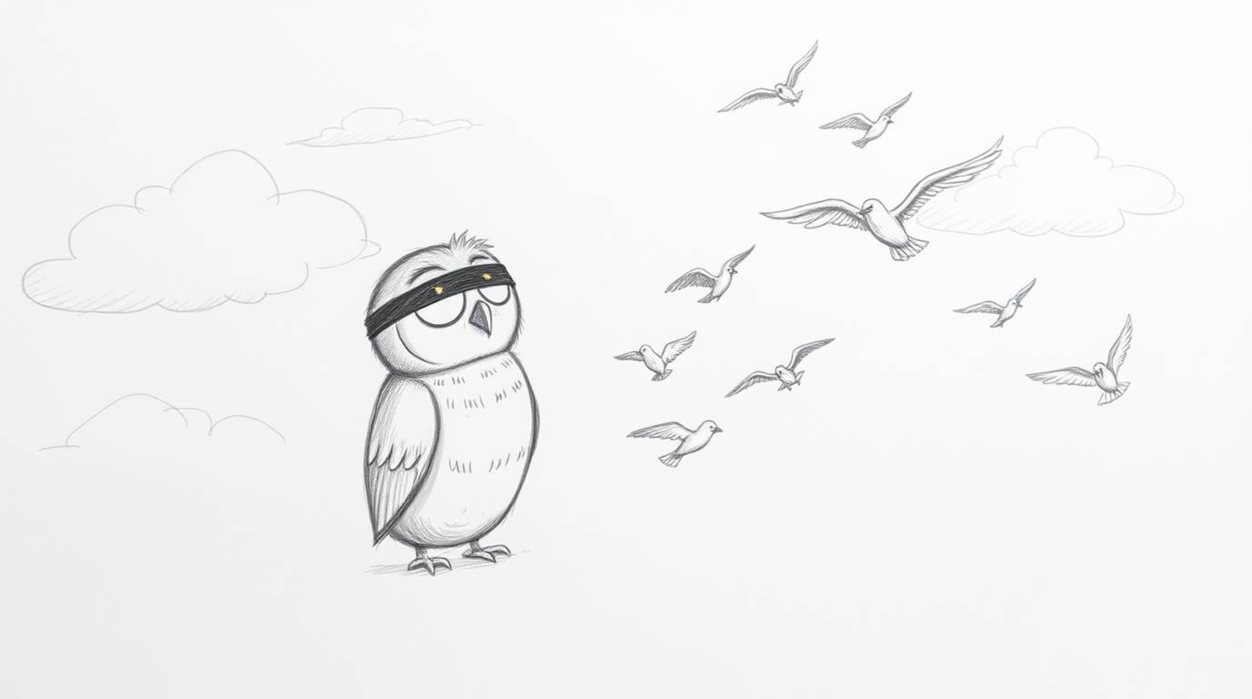A heartwarming hand-drawn sketch reminiscent of Pixar's iconic style showcases a blind owl with gentle, expressive features m
