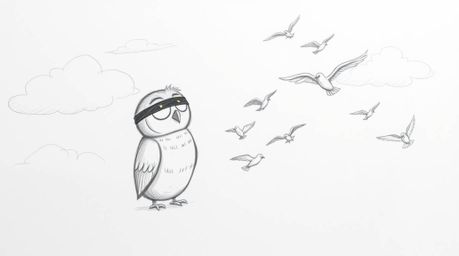 A heartwarming hand-drawn sketch reminiscent of Pixar's iconic style showcases a blind owl with gentle, expressive features m