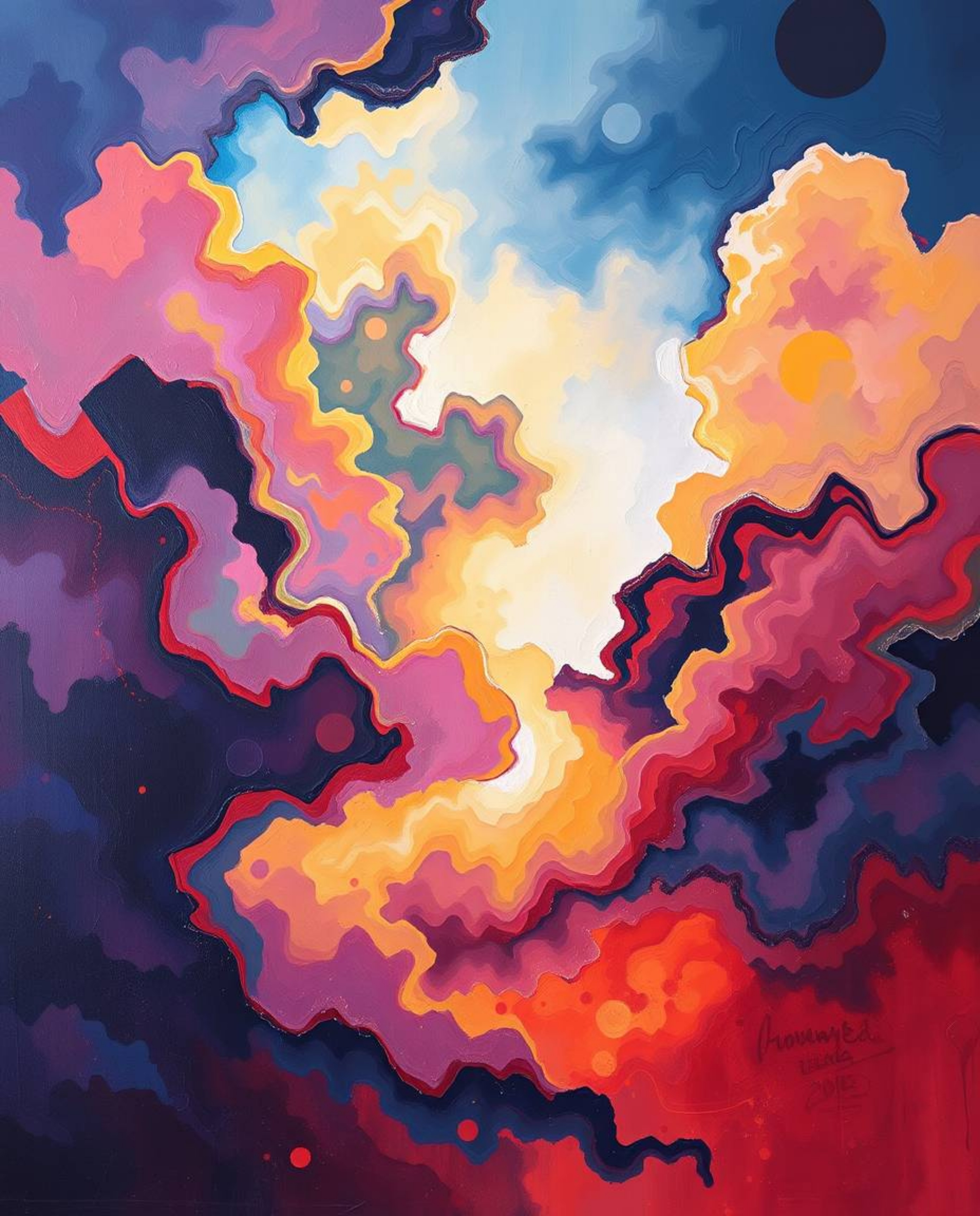 Explore captivating artistry with dramatic acrylic paintings featuring fluid shapes swirling in stormy skies, brought to life