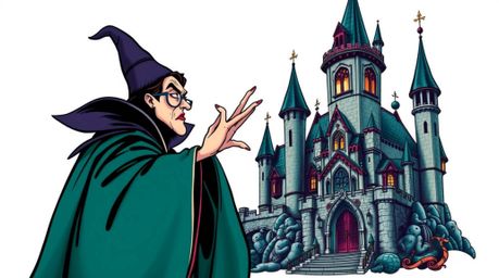 A classic Disney villain, rendered in a rich deep teal traditional tattoo style, casts a captivating spell within the walls o