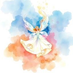 A captivating watercolor painting showcases a fairy godmother emerging from a swirl of sparkles. The low-angle perspective a