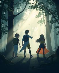 A group of friends with unique powers embark on an enchanting journey through a mystical forest, bathed in a smooth gradient 