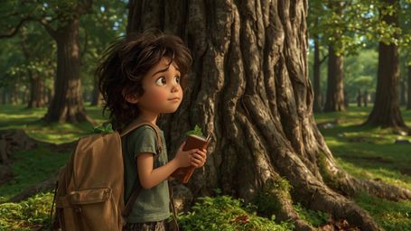 A highly detailed, high-resolution stock photo captures a brilliant, young homeschooler, reminiscent of Pixar's whimsical sty