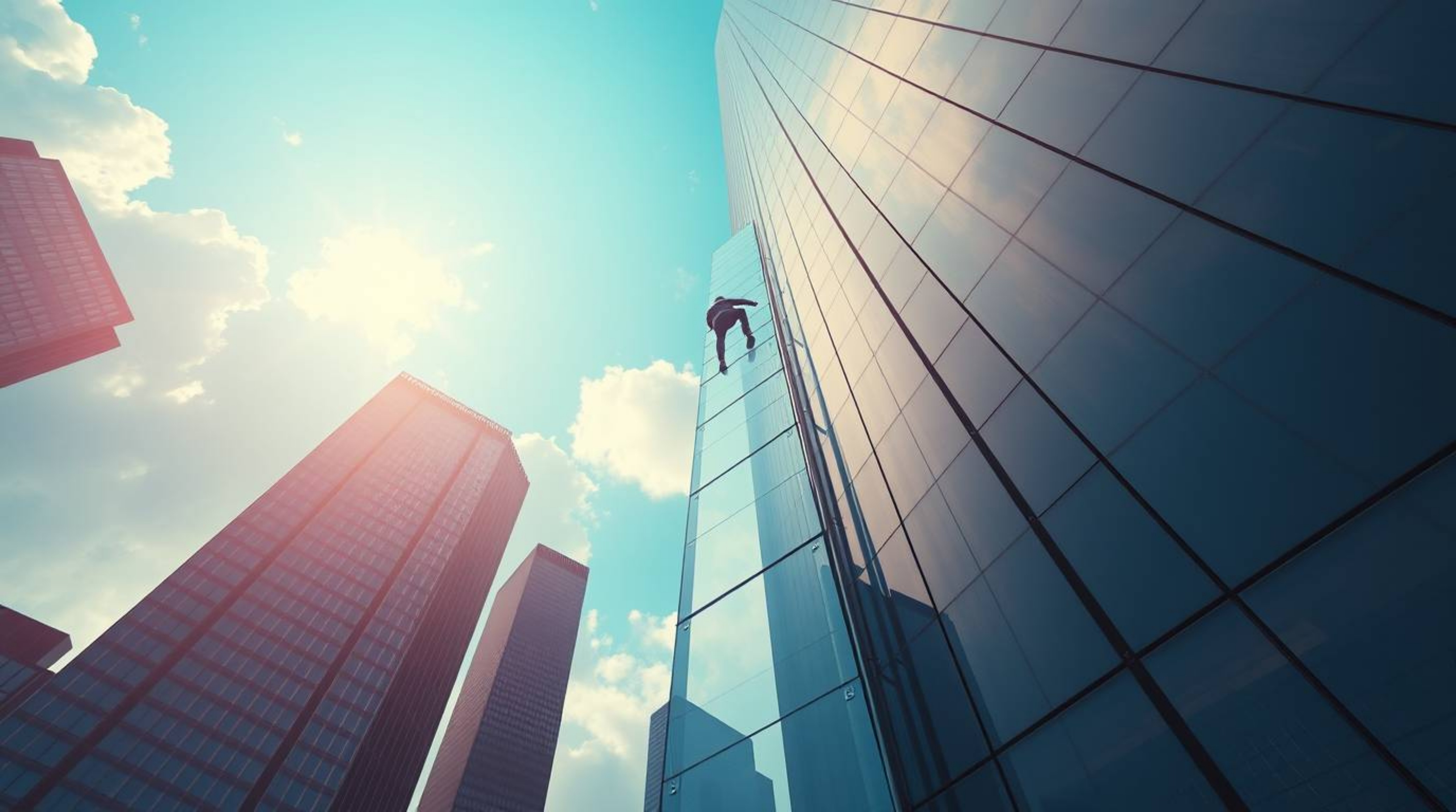 An inspiring image depicting the abstract concept of success: a businessperson ascends a transparent ladder disappearing into