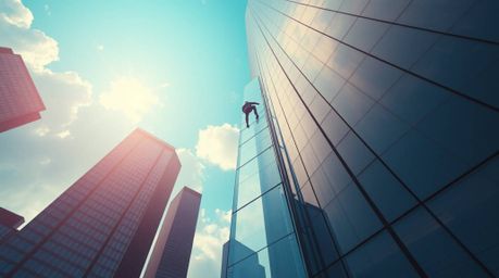 An inspiring image depicting the abstract concept of success: a businessperson ascends a transparent ladder disappearing into