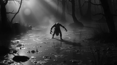 A captivating black and white image depicts a jet-black ogre performing a dramatic dance within a shadowy swamp.  Intense lig