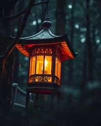 Discover stunning extreme macro photography showcasing a glowing lantern in a dark, rain-drenched forest.  The image features