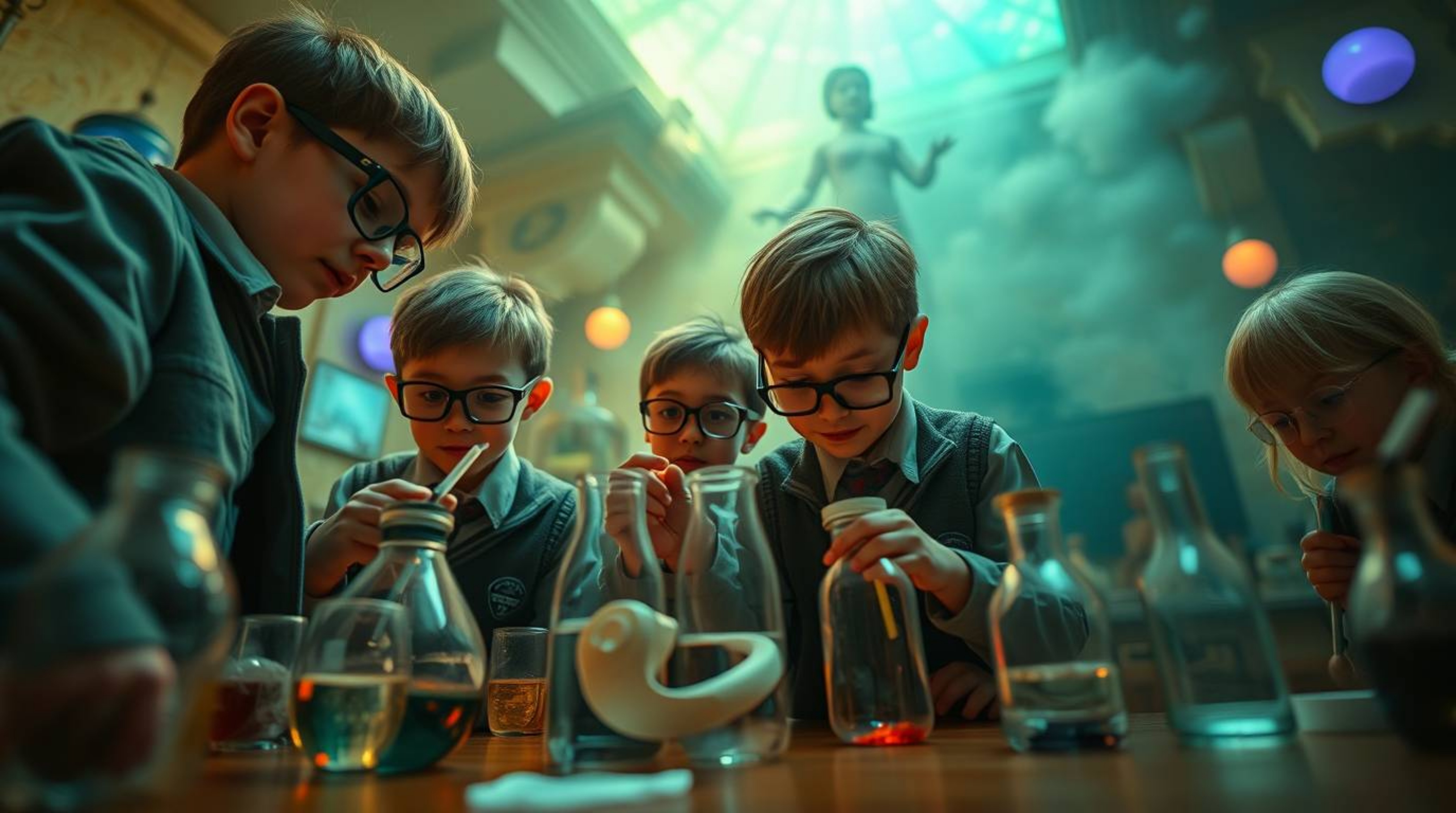 A high-angle perspective photograph captures a group of quirky kids in school uniforms engrossed in experiments within a myst