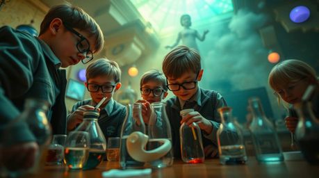A high-angle perspective photograph captures a group of quirky kids in school uniforms engrossed in experiments within a myst