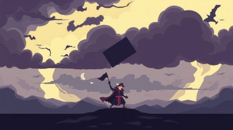 A modern flat design illustration portrays a trickster character in a precarious situation, facing an anvil about to fall aga