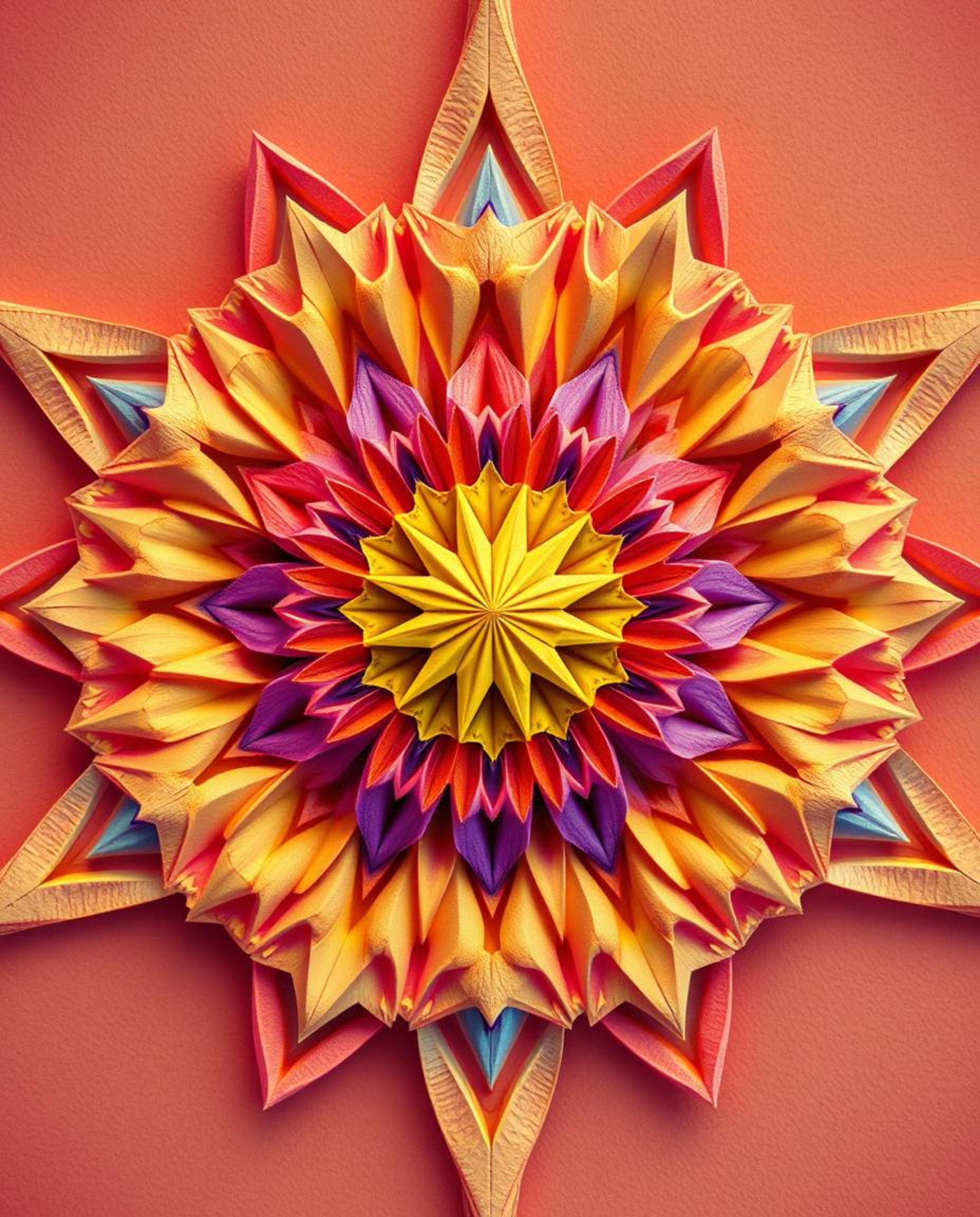 Discover a surreal infrared image of an intricate origami-style geometric floral mandala.  This vibrant artwork showcases a s