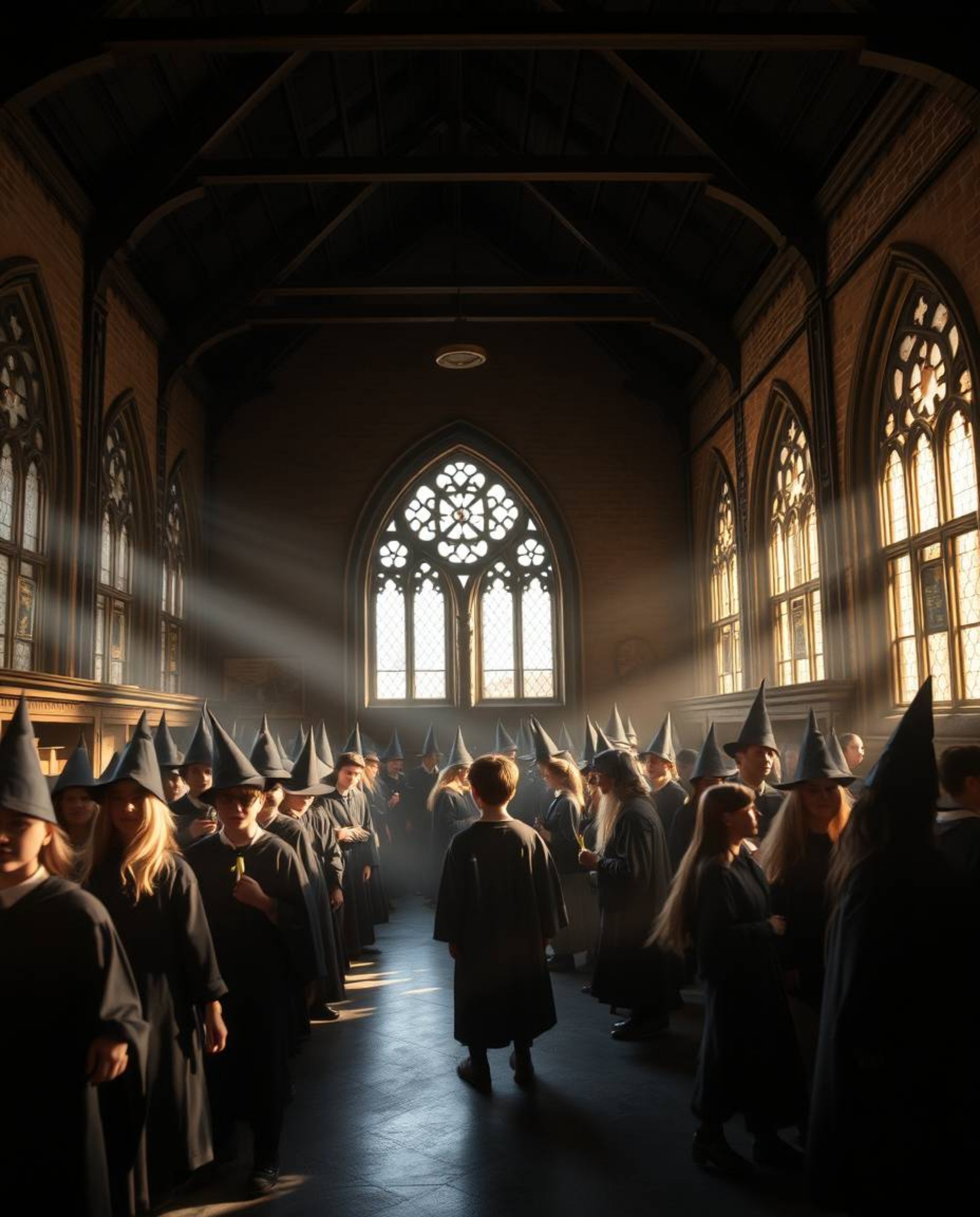 Discover a captivating image of a magical school brimming with young wizards.  Gentle, soft light creates diffused shadows an