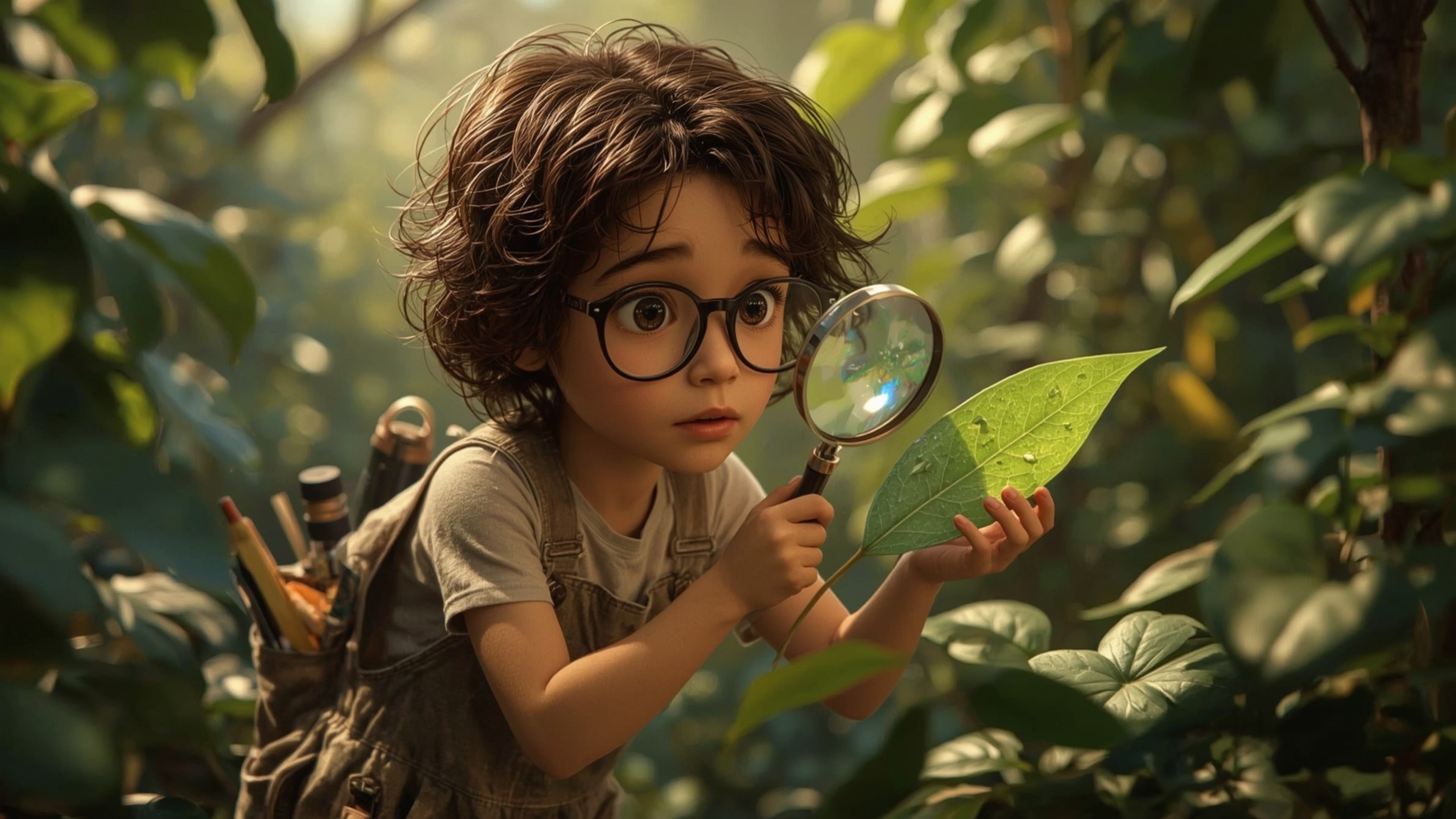 A highly detailed, high-resolution stock photo depicts a young, bespectacled homeschooled genius in a vibrant, stylized Pixar