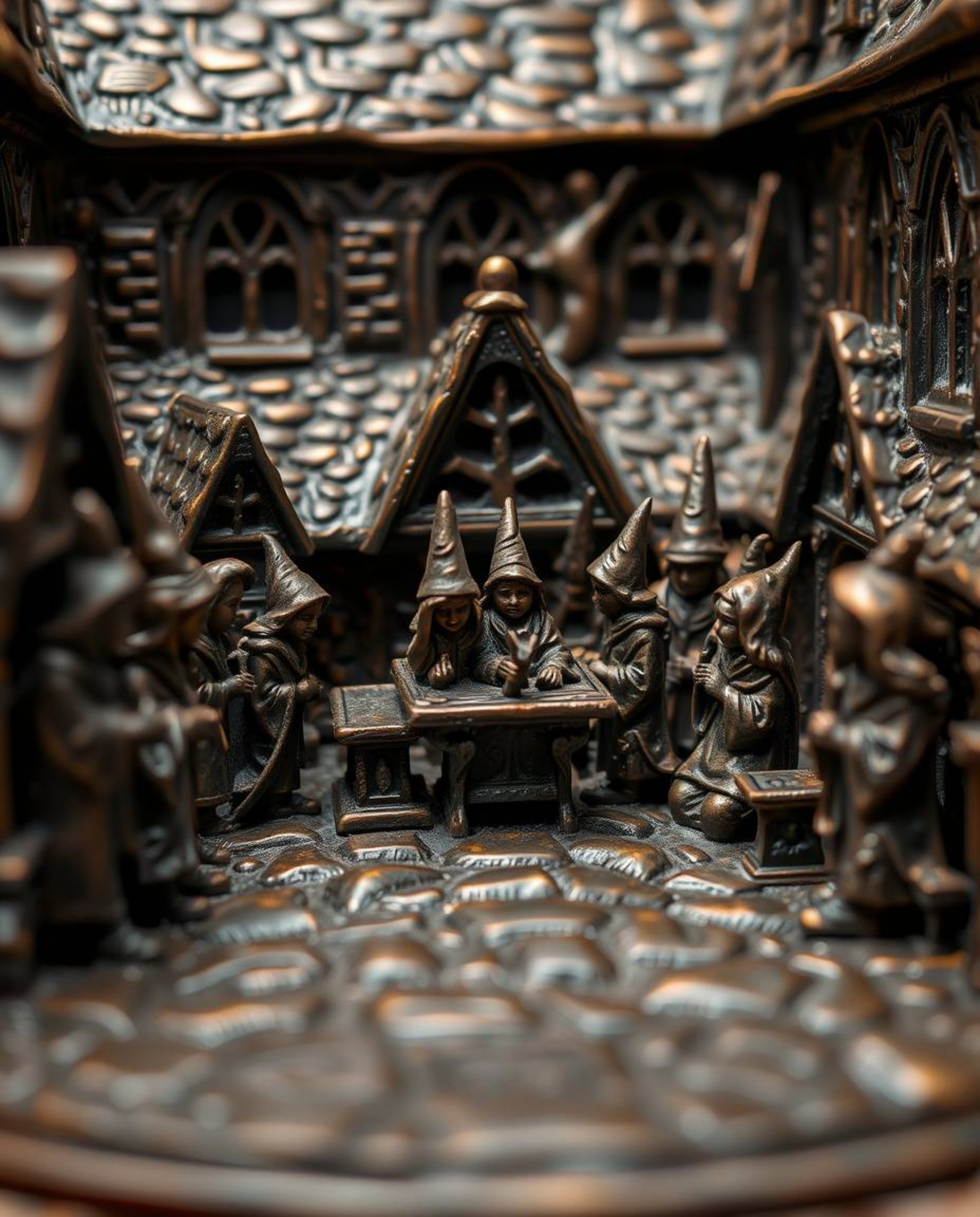 Discover an enchanting world with this extreme macro photograph.  A captivating close-up reveals a miniature bronze sculpture