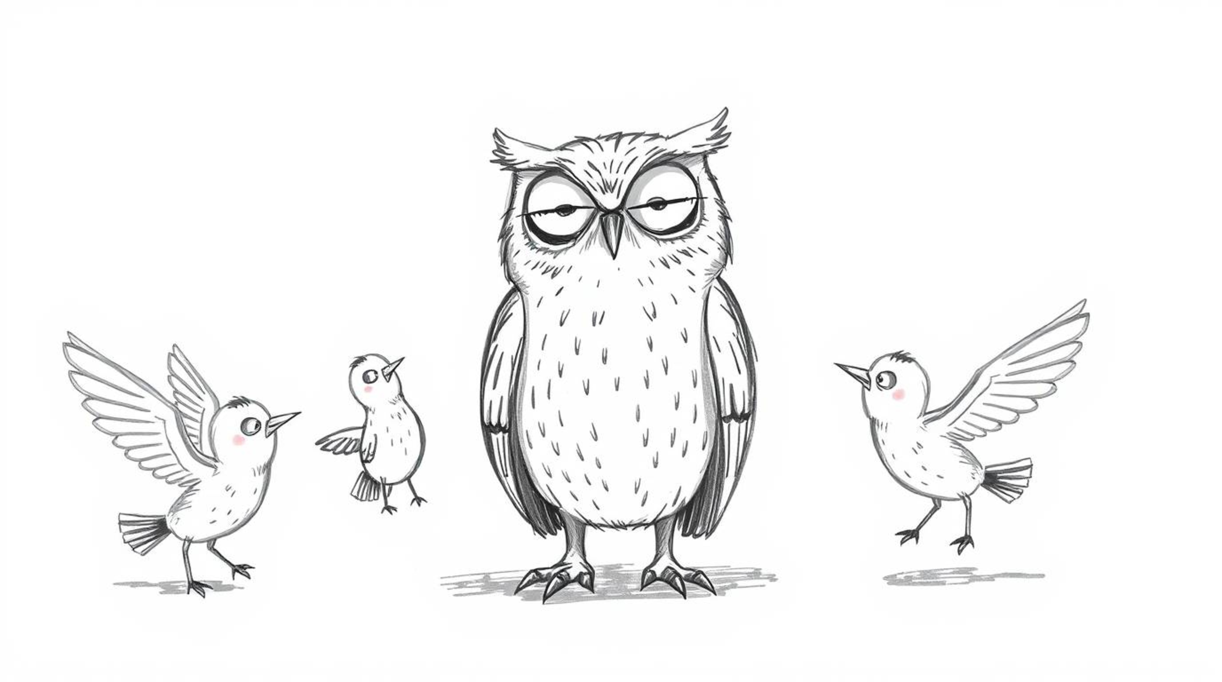 A whimsical hand-drawn sketch in Pixar style depicts a blind owl, rendered with textured pencil strokes and rough lines, calm