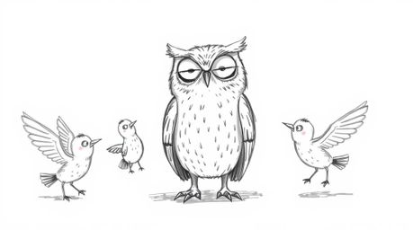 A whimsical hand-drawn sketch in Pixar style depicts a blind owl, rendered with textured pencil strokes and rough lines, calm
