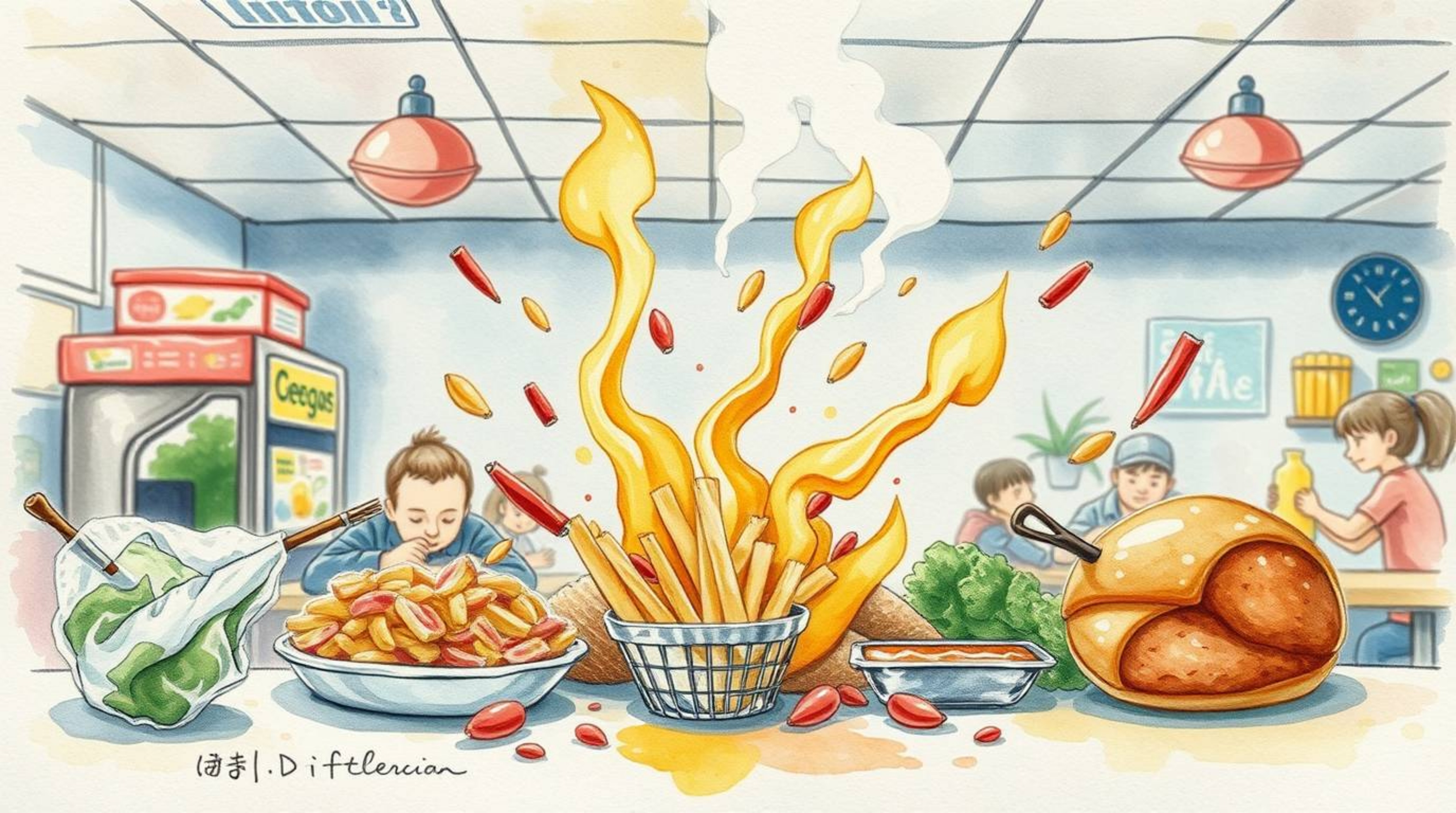 Experience a chaotic yet beautiful scene of a wild food fight erupting in a cartoon cafeteria, rendered as a delicate split w