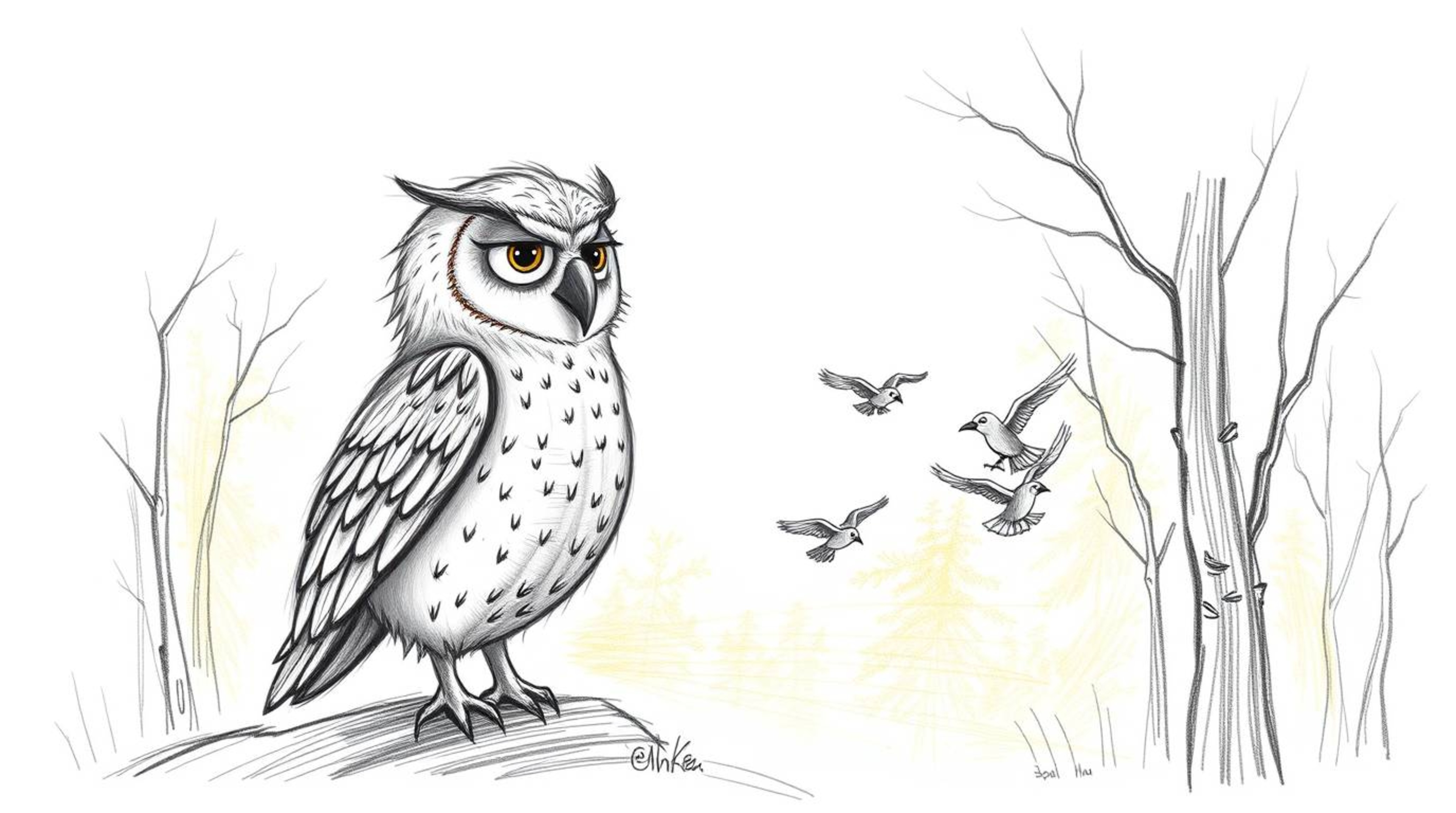 A charming hand-drawn sketch in the style of Pixar depicts a wise, elderly blind owl with fluffy feathers, guiding several sm