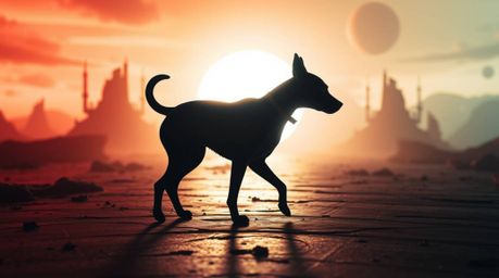 A futuristic dog, silhouetted against a bright light source, walks itself in a dreamlike, surreal space.  Bizarre landscapes 