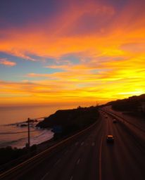 This is a candid street photograph that captures spontaneous urban scenes along a winding coastal highway, set against a suns