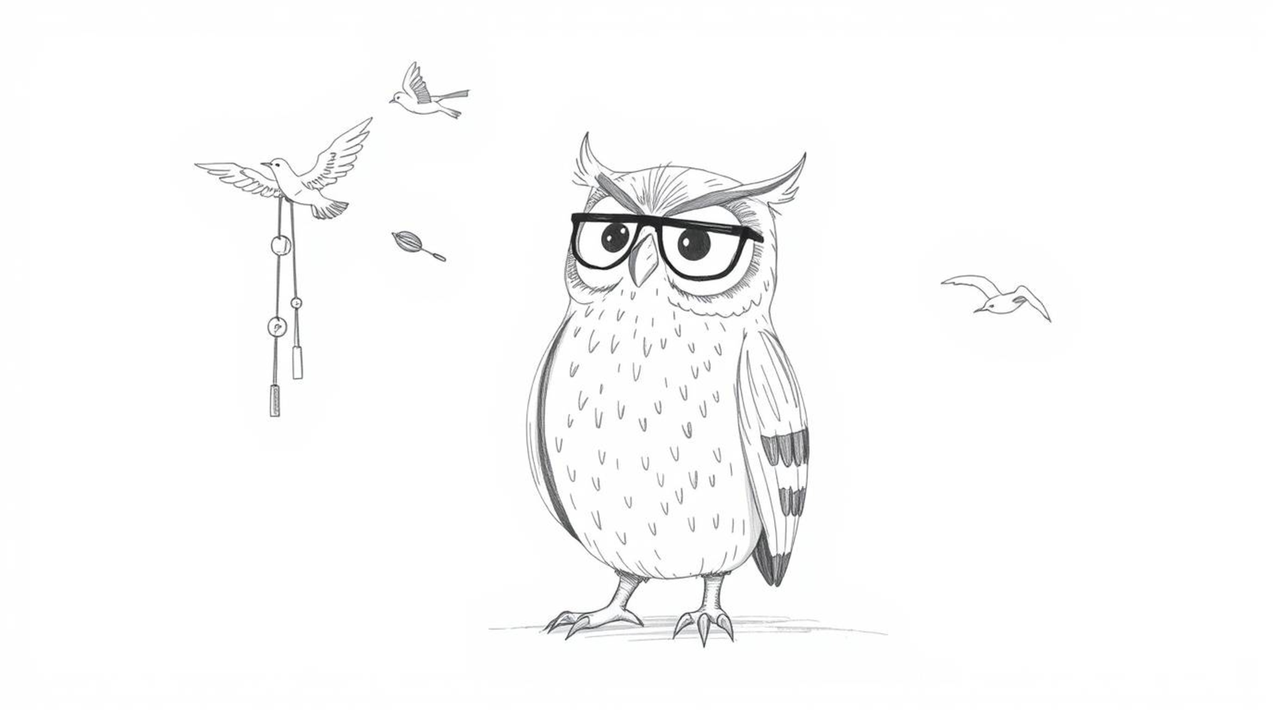 A heartwarming, hand-drawn Pixar-style sketch depicts a wise, blind owl passionately teaching birds to fly.  Using gentle win