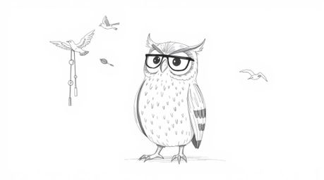 A heartwarming, hand-drawn Pixar-style sketch depicts a wise, blind owl passionately teaching birds to fly.  Using gentle win