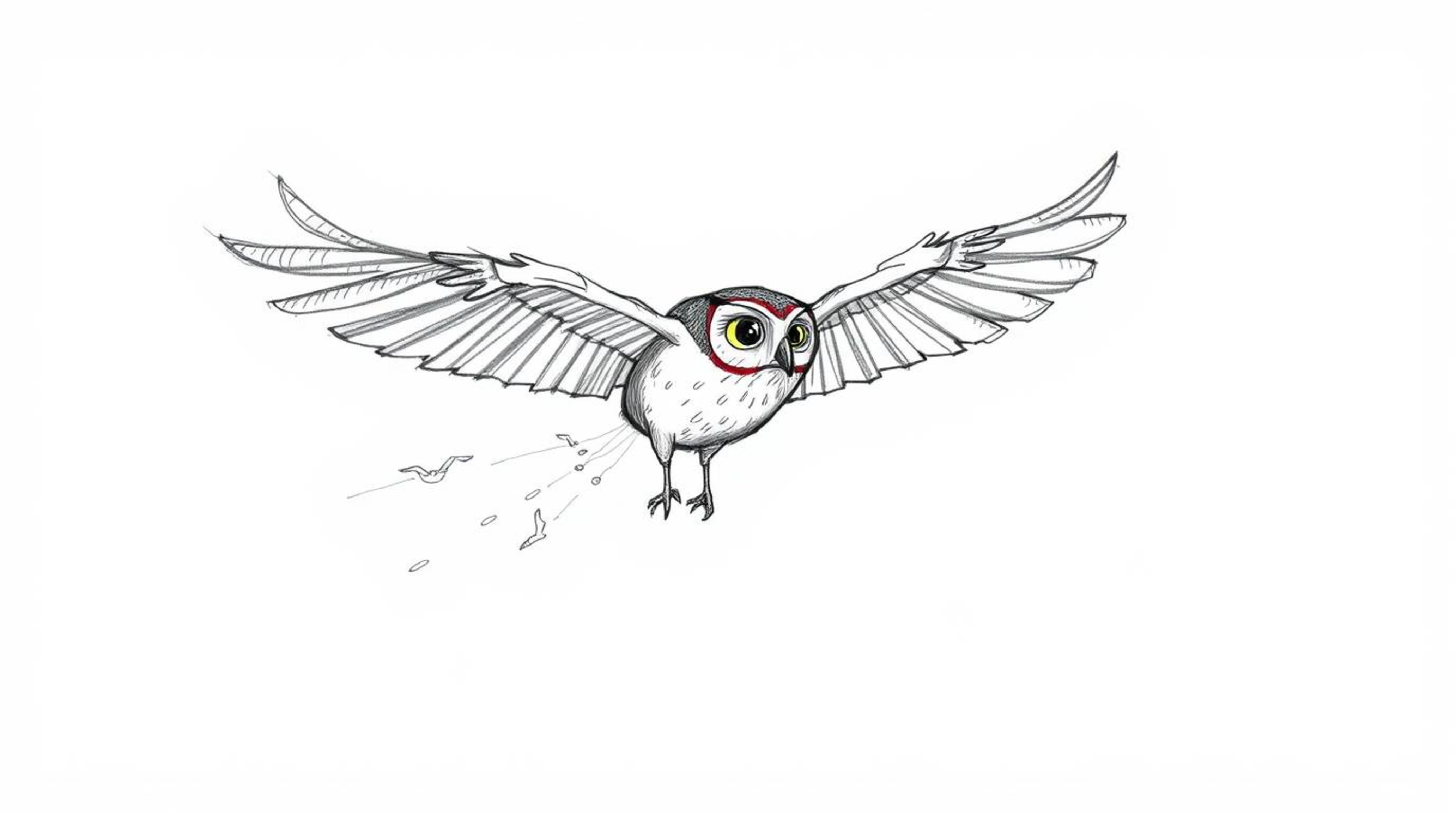 A heartwarming scene depicts a blind owl, rendered in a charming Pixar-style hand-drawn sketch, gracefully mid-flight. The ow