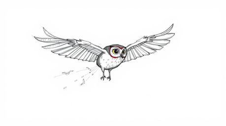 A heartwarming scene depicts a blind owl, rendered in a charming Pixar-style hand-drawn sketch, gracefully mid-flight. The ow