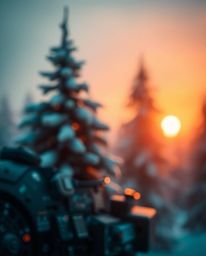 In a futuristic sci-fi style, this image captures sunset light on snowy pine trees, featuring a rich deep teal color palette 
