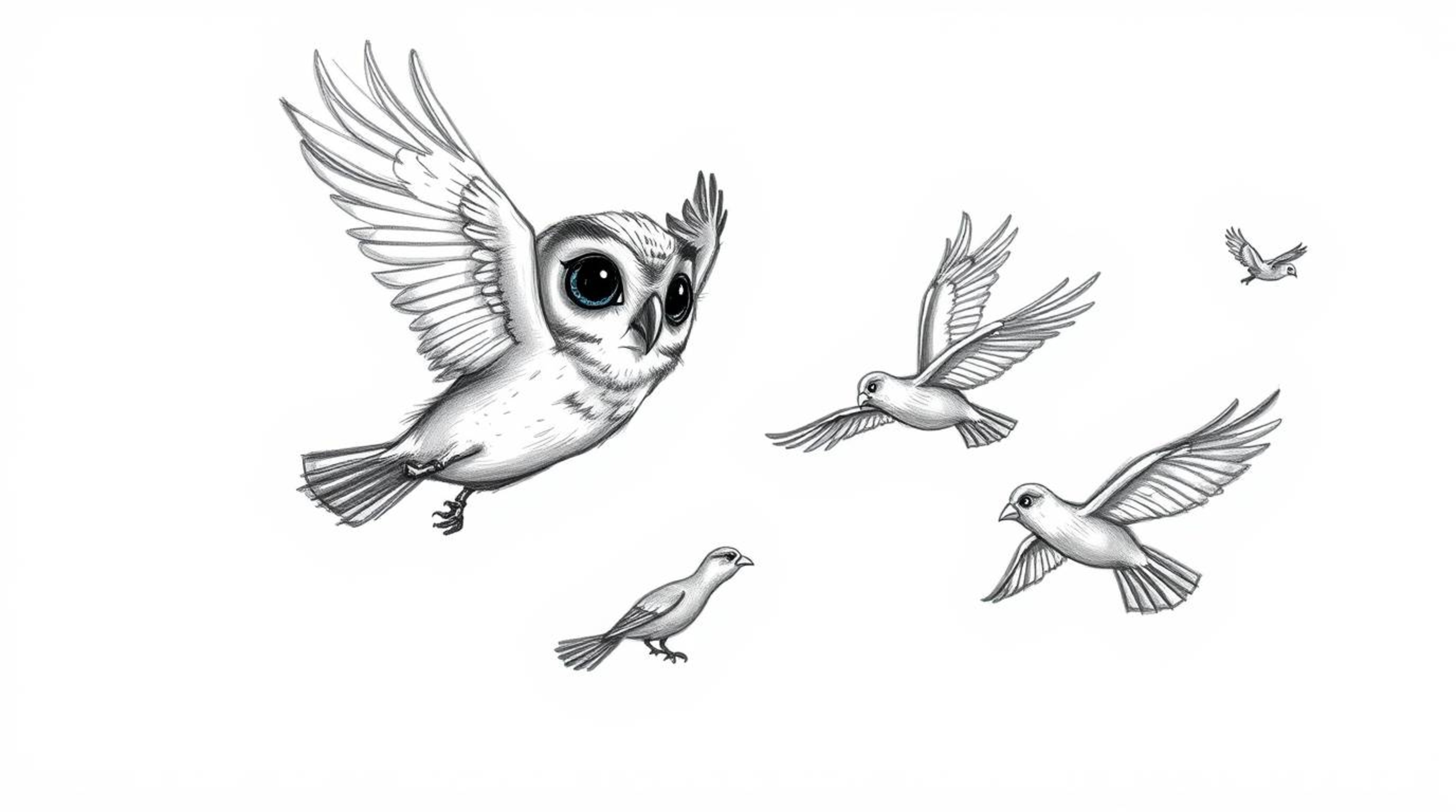 A heartwarming Pixar-style hand-drawn sketch depicts a blind owl, its feathers delicately rendered with textured pencil strok